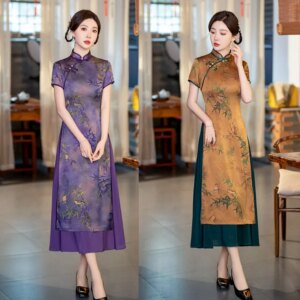 Suzhou and Hangzhou Improved Ethnic Style Long Cheongsam Qi Pao Skirt Spring Summer New Middle-Aged Elderly Women Short Sleeve