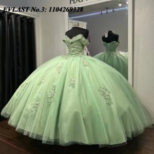 EVLAST Customized Shiny Sage Green Mexican Quinceanera Dress Ball Gown Lace Applique Beading Sweet 16 Vestido De 15 Anos E3Q161