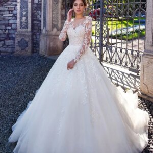 New 2024 Women Wedding Dress Sheer O-Neck Long Sleeves Lace Appliques A-Line Tulle Floor-Length Bridal Gown Vestidos de novias