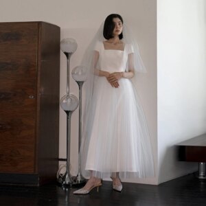 Simple Short Soft Satin Wedding Dress For Women Square Collar Short Sleeves Ankle Length A Line Bridal Gown Bridal TSWD727