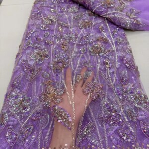 Beaded Lace High Quality Nigerian Party Lace Fabric 2025 Purple Lilac Sequence Tulle Lace Beads French Mesh For Sewing KB4711
