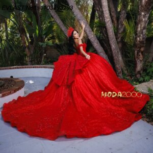 EVLAST Customized Glitter Red Quinceanera Dress Ball Gown Lace Applique Beading Tiered Corset Sweet 16 Vestido De 15 Anos E1Q317
