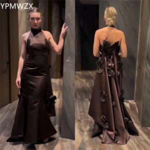 Customized Evening Dress Formal Party Occasion YPMWZX Halter Mermaid Floor Length Skirts Sleeveless Applique 3D Flower Bespoke