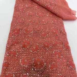 Luxury French Mesh Beaded Lace Fabrics orange 2025 High Quality African Sequins Lace Fabrics For Nigerian Wedding Party Dress