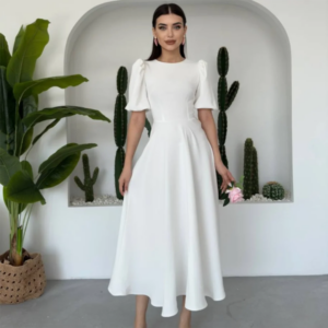 Customized White A-line Prom Dresses Tea-Length Half Sleeve O-Neck Evening Dresses Simple Fashion Draped Elegant Party Dresses