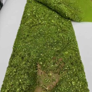 2025 Green Latest Nigerian Lace Fabrics Fashion Women African Tull Lace Luxury Handmade Beads Sequins Fabric For Wedding 5 Yards