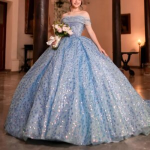 Blue Shiny Quinceanera Dresses Off Shoulder Ball Gown Sweet 16 Dress Beading Crystal Sequin Tull Birthday Party Vestidos 15 Anos
