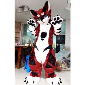Red Long Fur Husky Dog Fox Mascot Costume Fursuit Halloween Suit Cosplay
