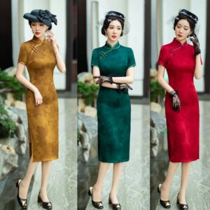 College Entrance Examination Mother Mid-Length Short Sleeve Robe Qi Pao     Retro National Trend Style Chinese Women’s Cheongsam