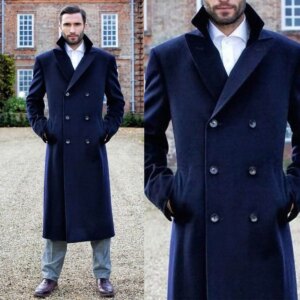 Navy Blue Men Suit Wool Blend Peaked Lapel Wedding Prom Party Jackets Coat One Piece