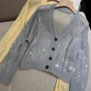 Autumn Women’s Knitted Cardigan Sequins Hollow Out V-Neck Single Breasted Casual Ladies Sweater