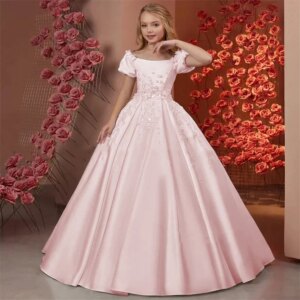 Flower Girl Dresses for Wedding Floor Length Girl Kids Birthday Party First Holy Communion Gown 2026 Elegant Satin Beaded Floral