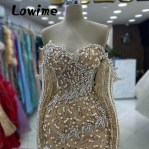 Off Shoulder Champagne Evening Dress Aso Ebi Crystals Tassel Prom Dresses Sequined Lace Party Gowns For Weddings Long Sleeves