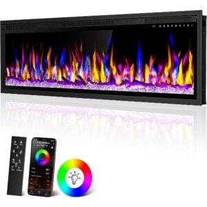Recessed in-Wall and Wall-Mounted Linear Fireplace, Adjustable Color and Brightness, Smart Enabled Electric Fireplace Heater