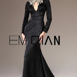 High Neck Long Sleeves Black Mermaid Evening Dresses with Gold Appliques