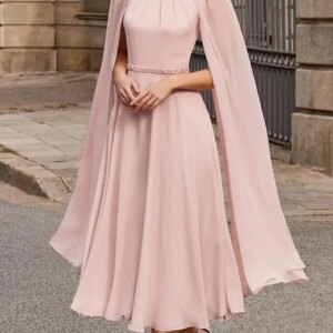 Tea Length Elegant Mother Of The Bride Dresses Pink Chiffon A Line Wedding Party GownJewel Neck Cape Sleeves For Wedding Guest