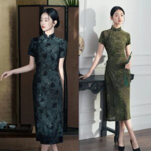 Fashion Improvement New Chinese Style Long Flocking Cheongsam Qi Pao Spring and Summer Young Girl