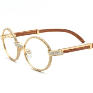 New Women Diamond Round Optical Glasses Metal Handmade Redwood Leg Eyeglass Frame Customizable Myopia Anti Blue Light Eyeglasses