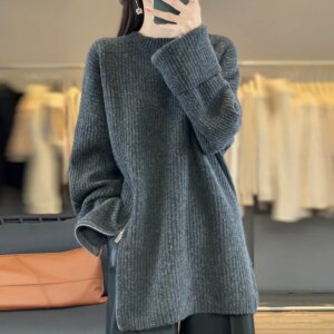 High-End Loose Lazy Round Neck Thick Warm Jumper, Side Zipper Knit Sweater Base, 100% Pure Wool, Autumn and Winter, New