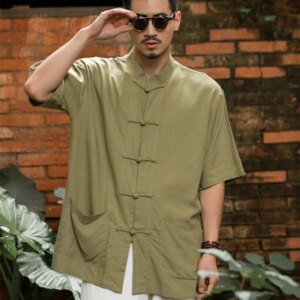 Hanma Men’s Chinese-Style Stand Collar Placket Handmade Short-Sleeved Shirt Summer Wear