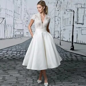 Vestido De Novia V-Neck Short Wedding Dress Robe De Mariage Cap Sleeve Tea-length Bridal Gown vestidos novia cortos customized