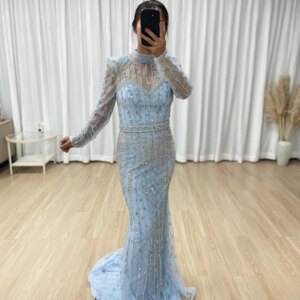 MYMB New Arrival Luxury Long Sleeve Elegant Mermaid Pearls Beaded Arabic Evening Dresses Gown for Formal Occasion Party MB40388