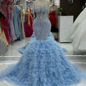 Cara&Alan Light Blue Evening Dresses For Women Mermaid Celebrity Prom Dress 2025 Crystal Sequin Party Gowns Customized