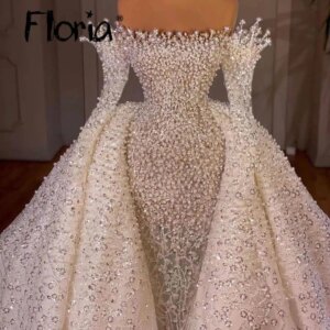 Gorgeous White Pearls Wedding Dress With Overskirt Off Shoulder Long Sleeve Ball Gown Puffy Bridal Dresses Customized for Women