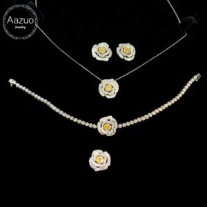 Aazuo 18K White Gold Real Diamonds Luxury Jewerly Set Camelli Ring Earring Gifted For Women Engagement Halo anillos mujer Party