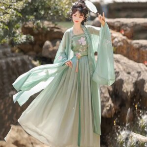 Hanfu woman ancient Chinese style double layer big sleeve shirt waist length full suit clothing
