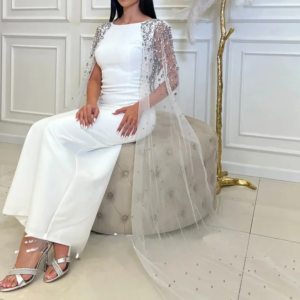 Little Daisy CustomizedSleeve shawl Crystal Straight Jersey Ankle Length Zipper Back Solid Color Elegant Evening Dress Woman Cus