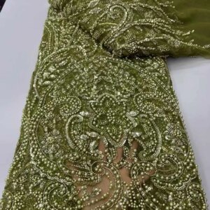 African Beads Lace Fabric 5 Yards Sequins Embroidery Nigerian Lace Fabric 2025 High Quality Laces Groom Tulle French For Dress
