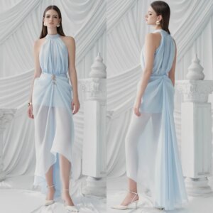 Customized Organza Pleat Sequined Halter A-line Midi Dresses Bespoke Occasion Fashion Simple High Quality Party