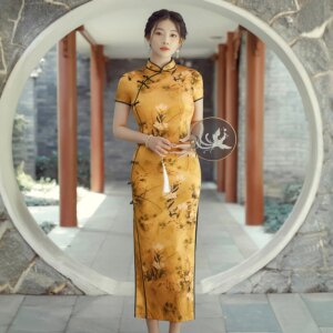 Spring and Summer New High Quality Real Silk Printed Long Modified Cheongsam Qipao Women’s Dress Party