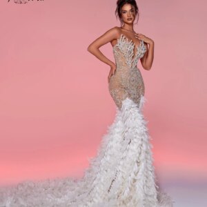 Exquisite White Mermaid Wedding Dress Heavy Feathers Beads Crystal Evening Party Gown Long Celebrity Occasion Dresses Couture