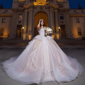 Customized Shiny ivory white Off Shoulder Quinceanera Dress Tull crystal layering applique Bow vestidos de 15 Quinceanera