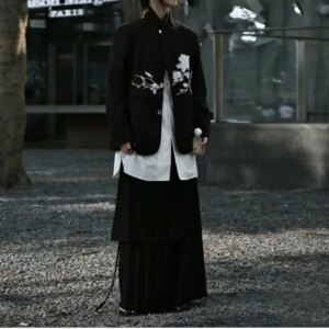 Dark Rose Embroidery New Chinese Black Suit Female Special-Interest Design Baggy Coat Men and Women