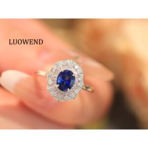 LUOWEND 100% 18K White Gold Rings Elegant Shiny Style Luxury Diamond Natural Sapphire Engagement Ring for Women Fine Jewelry