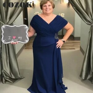 V Neck Simple Short Sleeve Chiffon  Mother of The Bride Dress Appliques Beading A-line Floor-Length Wedding Party Gown YW05