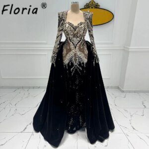 Heavy Handmade Beads Black Evening Gowns Vintage Dubai Long Sleeves Woman Wedding Party Dress with Detachable Train Robe Mariee