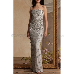 Gray Strapless Sparkle Crystal Sleeveless Straight Floor Length Alliques Evening Dresses Custome Stylish Prom Banquet Gowns