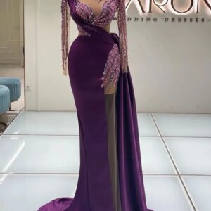 Purple Satin Illusion Mermaid Slit Evening Dress vestido de festa Islamic Dubai Kaftan Saudi Arabic Evening Prom Dress
