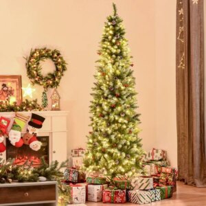 7.5 ft PreLit SnowDipped Artificial Christmas Tree with Realistic Branches 350 LED Lights Pine Cones Red Berries and 1075 Tips