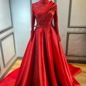 AA1670 Custom Made Luxury Red Women Formal Evening Dress High Neck Beads Long Sleeve Prom Party Dress With Skirt Pageant Vestido