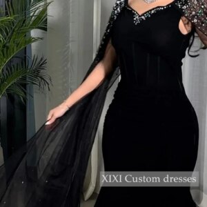 XIXI Customized Luxury Evening Dresses A-Line V-Neck Beadings Zipper Up Prom Dresses Long Sleeves Floor-Length Vestidos De Festa