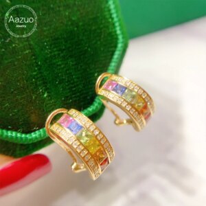 Aazuo Fine Jewelry 18K Yellow Gold Natural Gemstones Semicircle Rainbow Ear Clip Gifted For Women Engagement Wedding Party