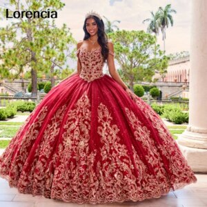 Lorencia Burgundy Quinceanera Dress Ball Gown Gold Lace Applique Beading Shiny Mexico Corset Sweet 16 Vestidos De 15 Años YQD790