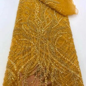 New French Lace Yellow Lace Fabric High 5Yards Quality 2025 Luxury African Handmade Beads Lace Fabric Weddings Dresses A1053-1