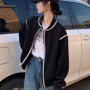 Fashion Coat Women’s Autumn Loose All-match Cardigan Spring and Autumn Thickened Black Jacket Small Baseball Suit Top