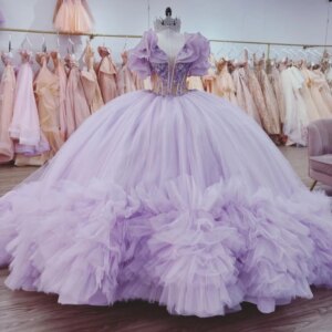 Light Lilac Off Shoulder Quinceanera Dresses Applique Lace Beads Tull Tiered Corset Party Birthday Sweet 16 Dress Vestidos 15 de